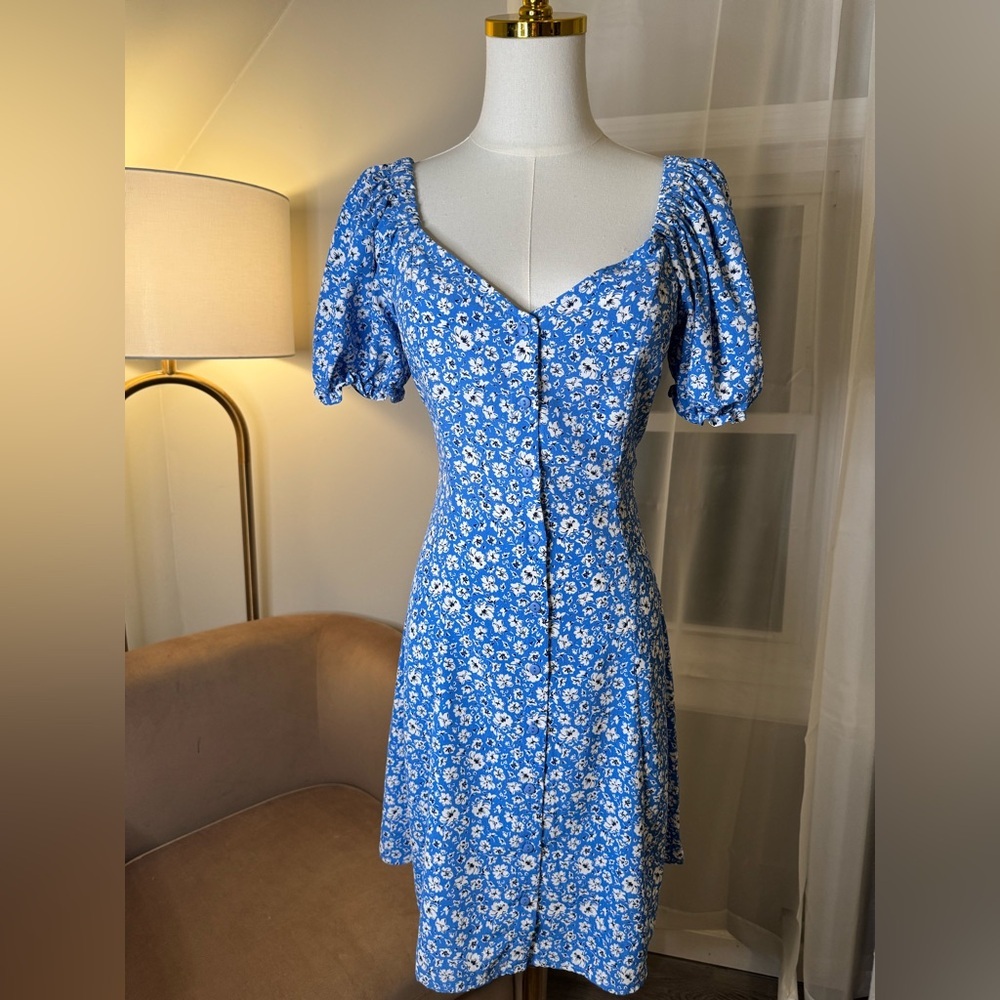 MNG | Blue & White Floral Button Front Puff Sleeve Dress